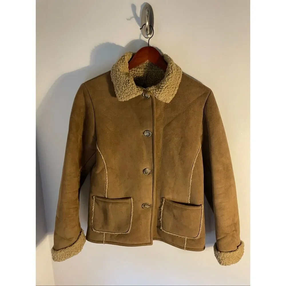 Fjall Sherpa Jacket, Small. Brown Pockets. Faux Suede, Shearling. Thick and warm